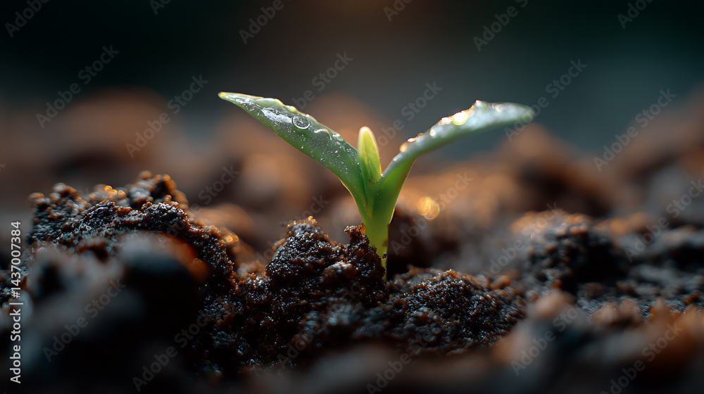 Poster fresh green sprout emerging from rich dark soil with water droplets glimmering in the light : genera
