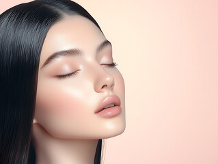 Naklejka premium Beauty portrait of a young woman with flawless skin soft lighting studio setting close-up view skincare and elegance