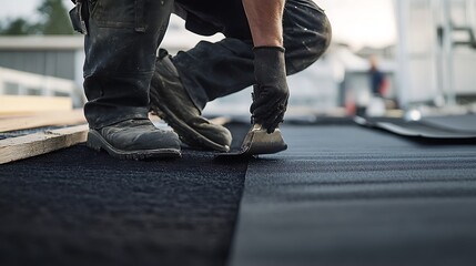 Obraz premium Worker Installing Roofing Material