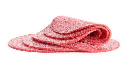 Slices of tasty smoked sausage isolated on white
