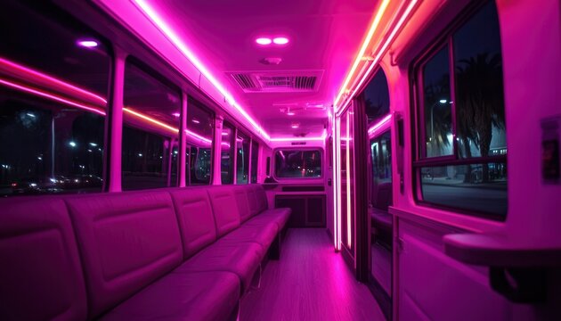 Party bus interior with pink lighting