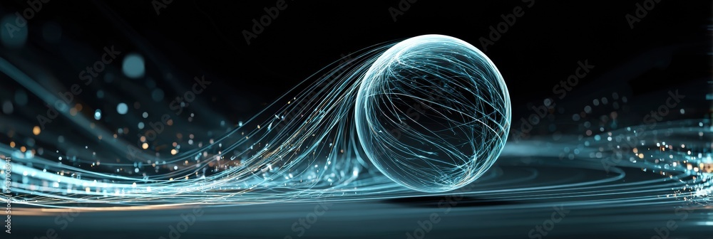 Poster Floating AI Orb Surrounded by a Glowing Energy Field and Swirling Data Particles in a Futuristic Environment