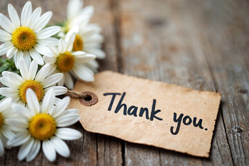Naklejka premium Daisies Wooden Background with Thank You Note Rustic Charm Gift Tag Gratitude Appreciation Flowers