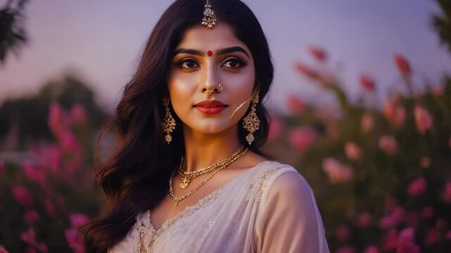 Portrait of a beautiful woman with traditional Indian jewelry in front of a flower field at sunset wearing a red bindi