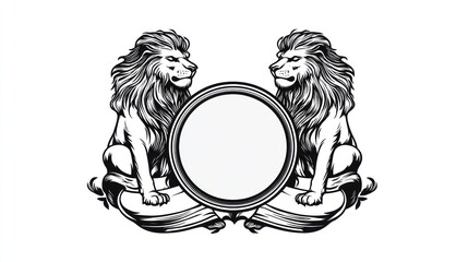 Obraz premium Majestic lions flanking a circular emblem, heraldry design, white background, logo template