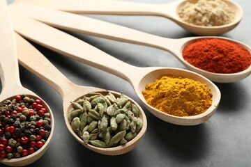 Many different spices in spoons on grey table, closeup