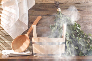 Sauna equipment. Bucket, ladle, whisk and towels in steam