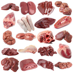 Fresh raw organ meats on white background, set