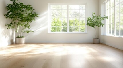 Fototapeta premium Bright, sun-drenched interior room with large window
