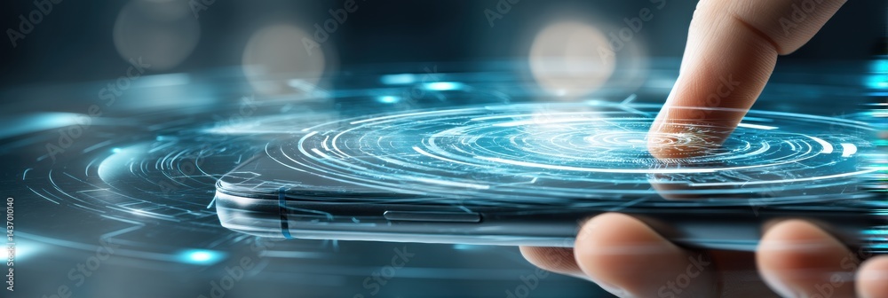 Poster Holographic Technology Displayed Above Smartphone in a Futuristic Setting With a Hand Interacting With the Interface