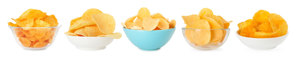 Delicious crispy potato chips in bowls isolated on white, collage