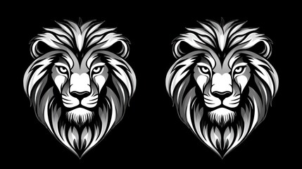 Fototapeta premium Two majestic lion heads, black background, graphic design, logo