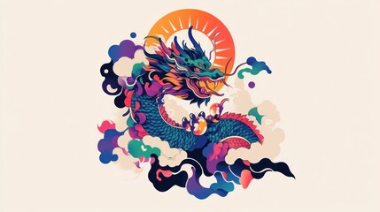 Colorful Dragon Rising Sun Clouds Art Design