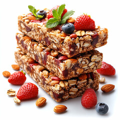 Stacked granola bars with berries and mint
