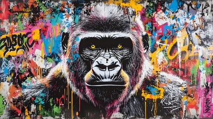 Abstract Pop Art Gorilla on Canvas with Colorful Graffiti Background