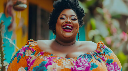 Fototapeta premium Smiling Person in Colorful Floral Dress in a Vibrant Outdoor Setting with Lush Greenery