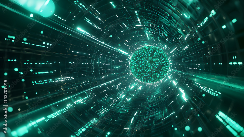 Poster illuminating data flow journey abstract space digital art virtual environment futuristic view glowin