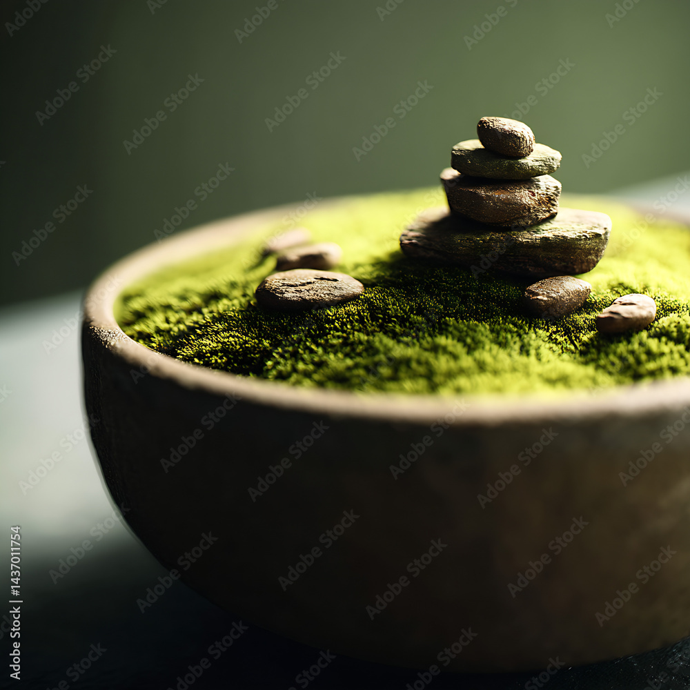 Aufkleber zen garden representation featuring stacked stones on moss in a rustic bowl emphasizing tranquility 