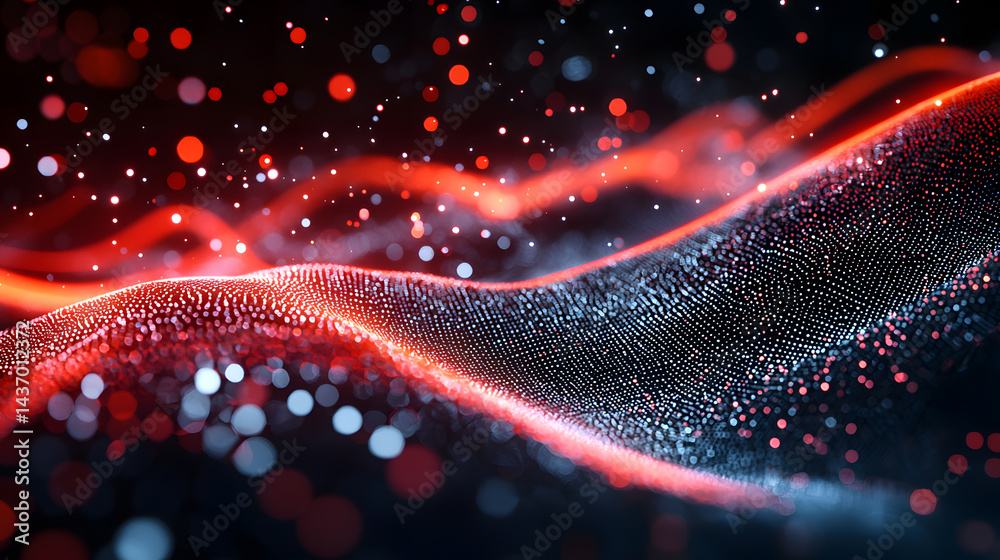 Poster visualizing abstract data flow with glowing digital particles virtual space digital art tech environ
