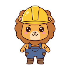 Obraz premium Labor day fun with a cute cartoon lion wearing a hard hat and worker uniform