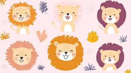 Fototapeta premium Cute lions cartoon in pink background, for children's prints and decorations