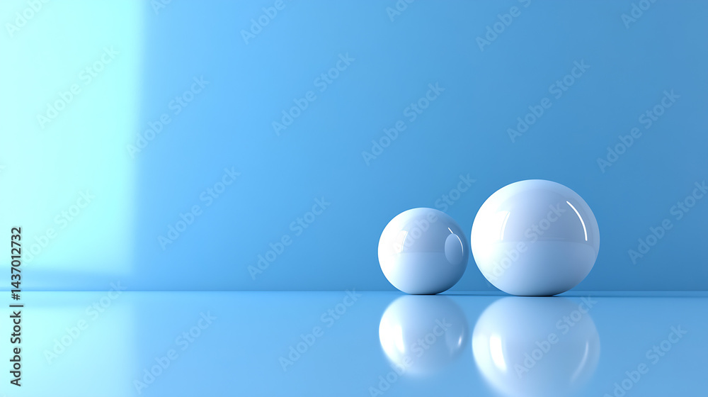 Poster minimalist scene featuring two glossy white spheres against a soft blue background : generative ai
