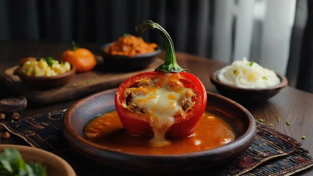 Rocoto relleno, close-up of a stuffed pepper with spicy filling, vibrant colors, traditional Peruvian table setting, inviting and flavorful mood
