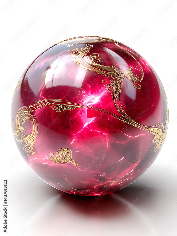 Poster beautifully crafted red glass sphere with golden swirls and intricate patterns showcasing mystical e
