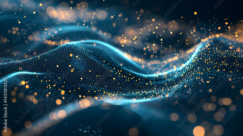 Poster illuminating digital particles flowing through abstract data streams virtual environment visual art 