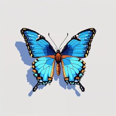Obraz premium Blue Butterfly square pixel art cartoon design on plain white background illustration
