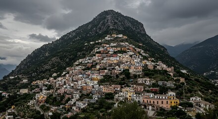 A densely populated hillside town under a cloudy sky with mountains in the distant background view