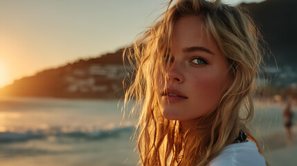 Beautiful Blonde Woman Smiling at Beach Sunset: Serene Coastal Scenery Portrait