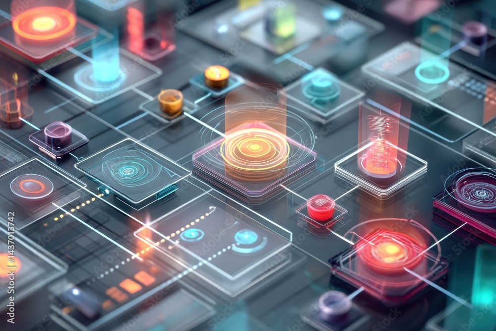 Aufkleber futuristic digital marketplace with holographic interfaces and vibrant transaction flow in a technol