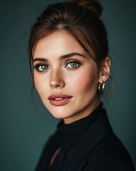 Close-up portrait of a young woman with blue eyes and a neat bun, wearing a black turtleneck and large hoop earrings