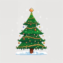 Fototapeta premium Green Christmas tree square pixel art cartoon design on plain white background illustration