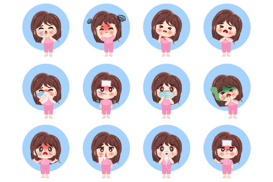 Cute woman symptoms of sick. Cartoon child with fever, snot, cough and sore throat. Influenza or cold vector infographic. Illustration of symptoms kid, flu or infection illness.