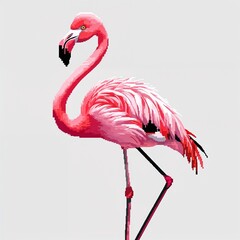 Fototapeta premium Pink Flamingo square pixel art cartoon design on plain white background illustration