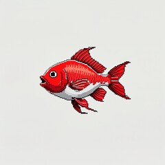 Fototapeta premium Red Fish square pixel art cartoon design on plain white background illustration
