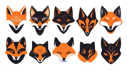 Fox head illustrations; graphic design elements; white background; autumn colors