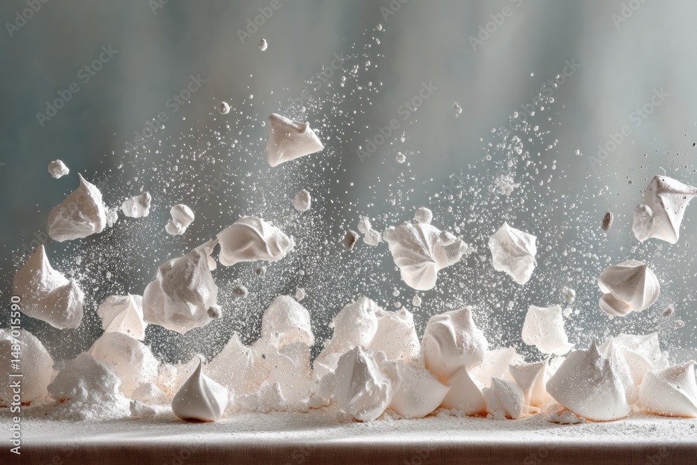 Poster Floating Meringue Pieces Dusted With Powdered Sugar Create a Whimsical and Delightful Atmosphere in a Bright Culinary Setting