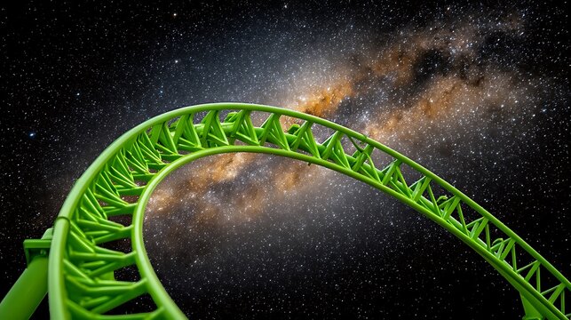 A green roller coaster track curves against a starry night sky with the Milky Way visible