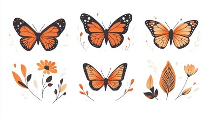 Orange butterflies and autumn leaves design element