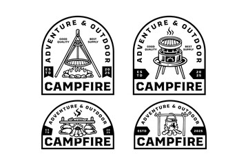 campfire cooking, bonfire cooking logo design collection for adventure and outdoor. cooking ware on campfire, balefire emblem logo set. campfire cooking badge logo illustration bundle