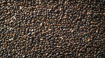 A top-down view of evenly spread-out chia seeds