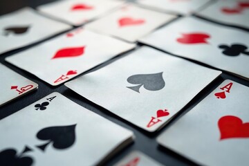 Playing cards arranged in a classic ace pattern , isolated, graphic, clubs