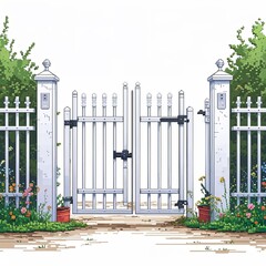Obraz premium White fence gate square pixel art cartoon design on plain white background illustration