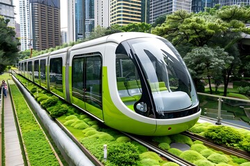 Naklejka premium Eco-friendly electric tram gliding through lush greenery in urban cityscape environment