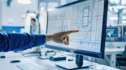 An engineer reviews intricate architectural plans on a computer screen, ensuring accuracy and precision. Engineering Design Review