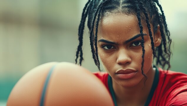 Focused female basketball player with sweat.