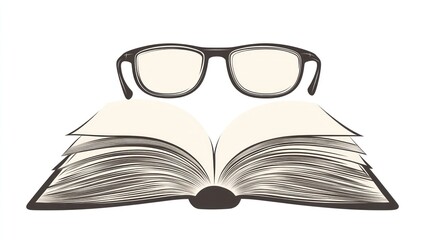 Open book with glasses, knowledge, reading, education, white background, learning concept